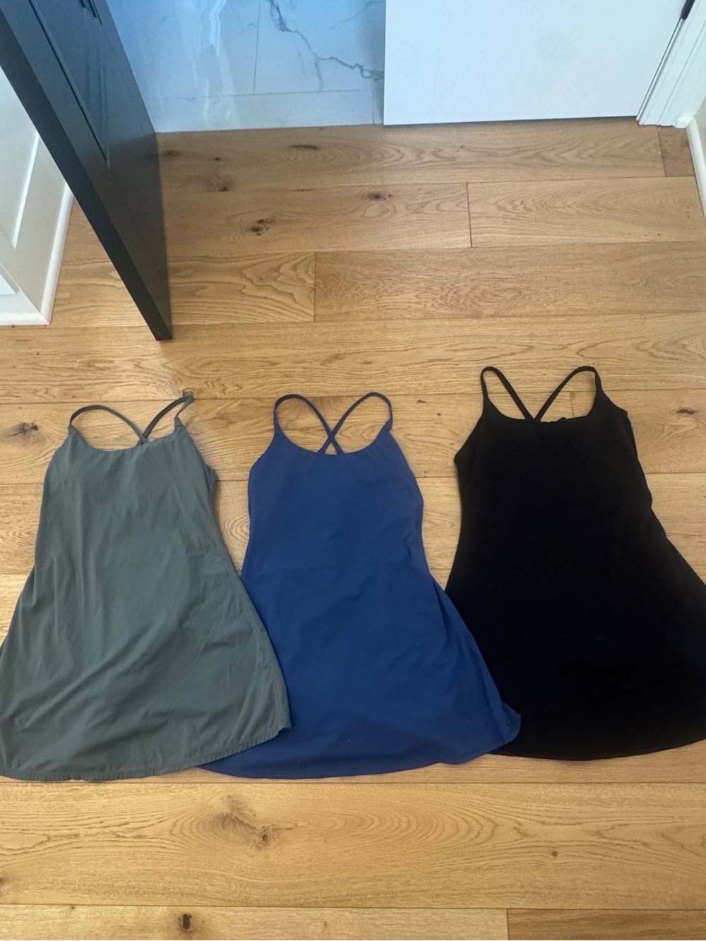 Halara Trio of Strappy A-Line Dresses in Green, Blue, and Black